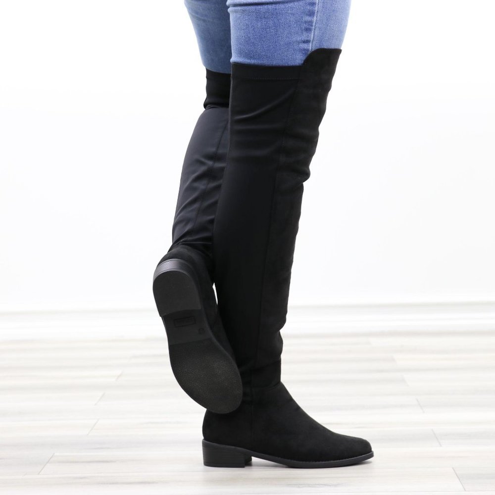 Thigh High Suede & Stretchy Material Low Heel Boot - Picture 4 of 14